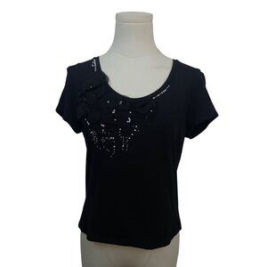 Ann Taylor Black Short Sleeve Embellished Floral Top Casual Scoop Neck Size M